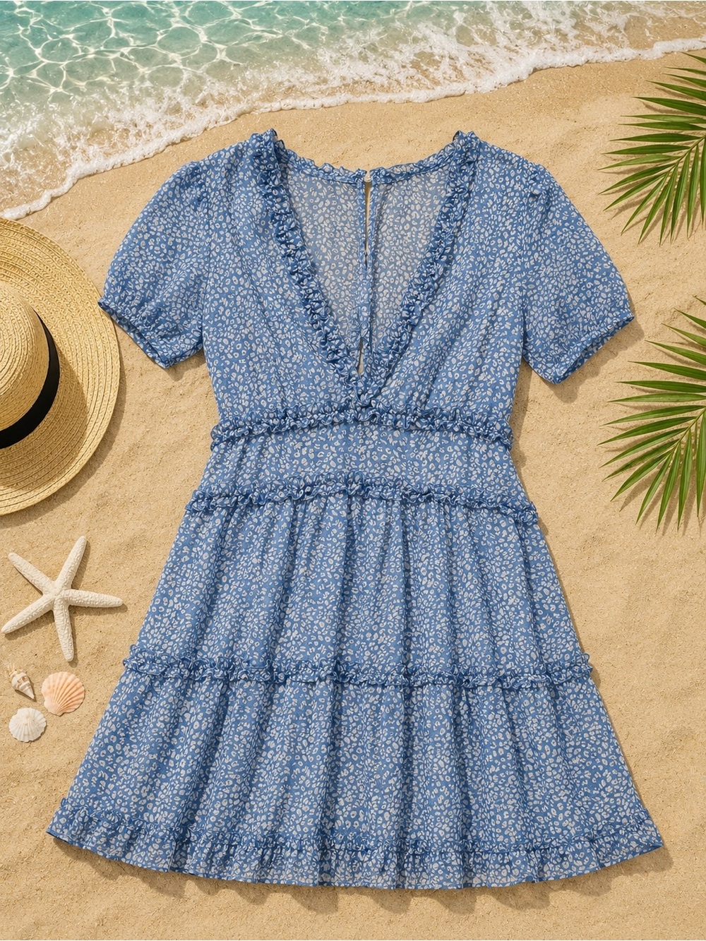 Light Blue Floral V-Neck Beach Boho Ruffled Tiered Feminine Mini Dress